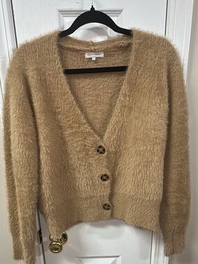 Crescent Fuzzy Tan V-Neck Button Cardigan (mix38-1)